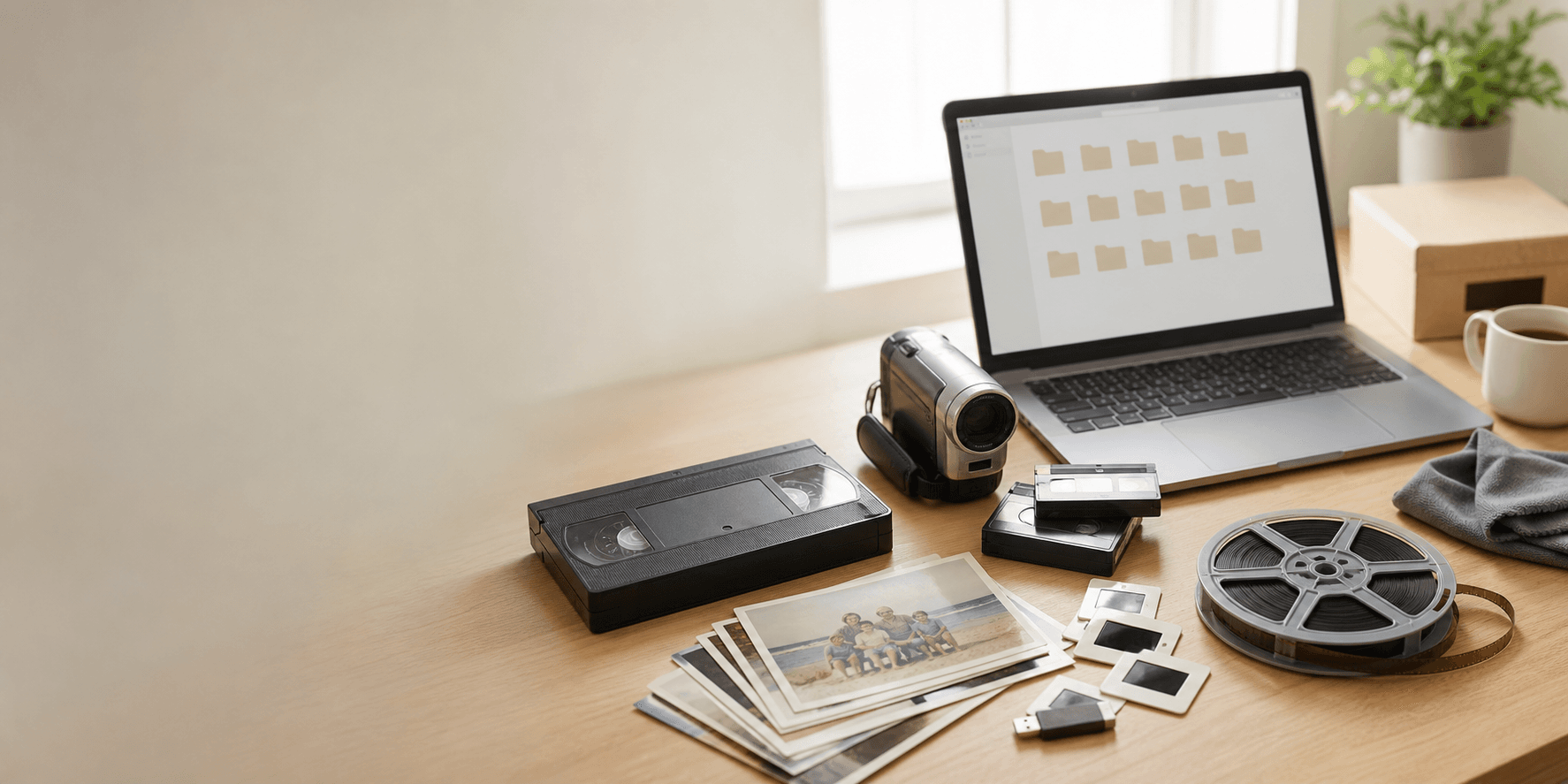 VHS and camcorder tapes, photos, slides, and a film reel on a digitizing workbench.